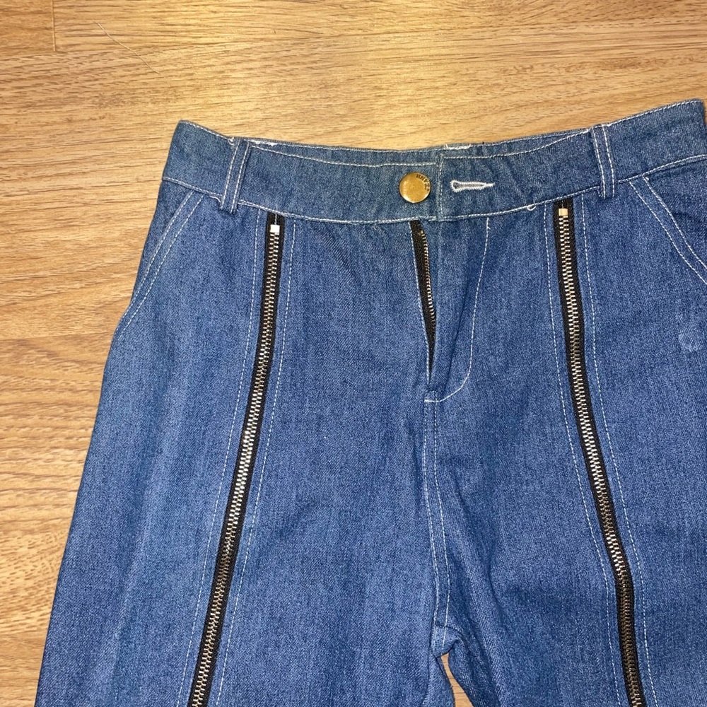 High-Waist Dark Blue Denim Pants with Front Zippers